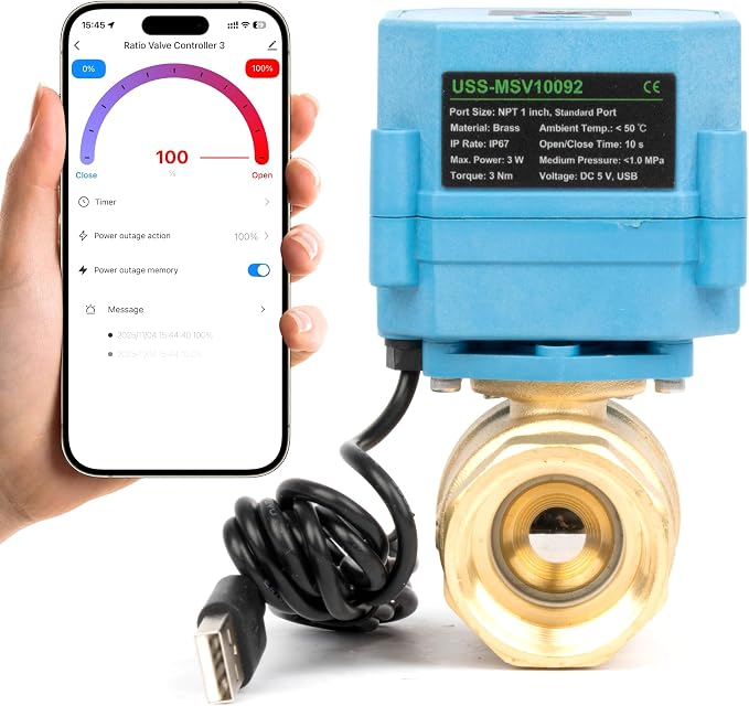 U.S. Solid WiFi Smart Motorized Ball Valve 1 inch NPT for Water Control & Irrigation, 2 Way Brass Electric Valve, USB Powered, LED Status Indicator, Flow Direction Window, Remote On/Off Control
