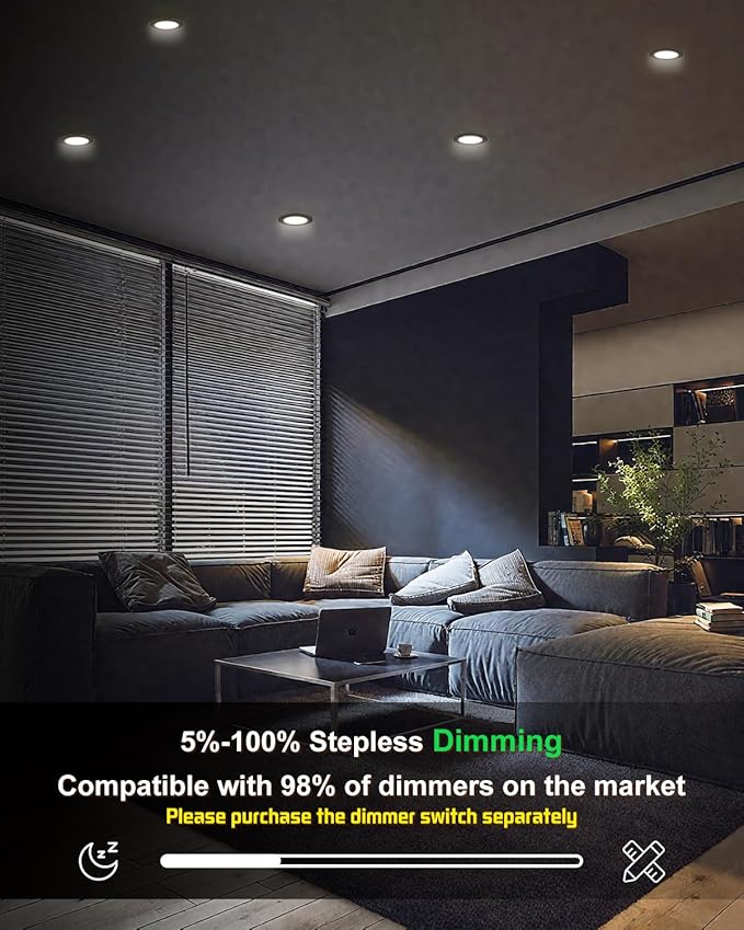 zouzai 1 Pack 6 Inch Black 5CCT Reset Ultra-Thin LED Recessed Ceiling Light with Junction Box, 2700K/3000K/3500K/4000K/5000K Selectable,12W,Dimmable- ETL and Energy Star Certified