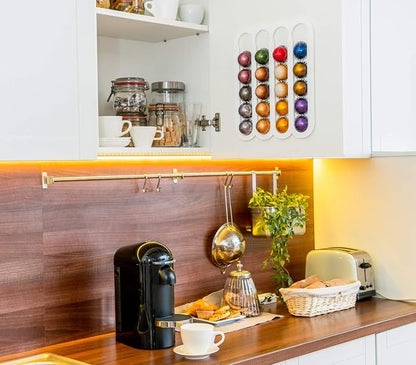 Demi's Home Adhesive Coffee Pod Holder for Nespresso Vertuo Capsules (Measure Before Purchase) - Suitable to be Mounted Inside/Under the Cabinet or on the Wall (White)