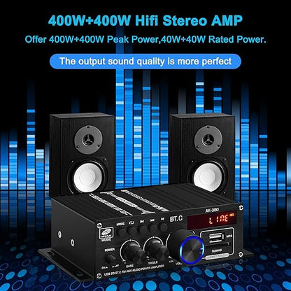 AK-380 USB SD BT.C FM AUX Audio Power Amplifier 2.0 CH 40W+40W HiFi Stereo AMP Speaker Bluetooth 5.0 Amp Receiver with 12V 5A Power Supply,FM Antenna for Car Home Bar Party