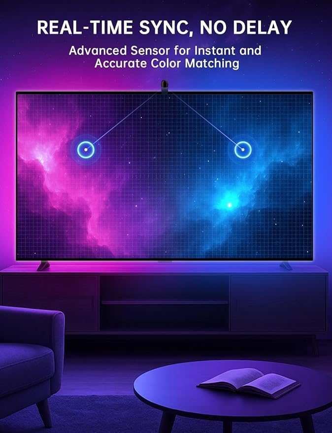 TV Backlight Sync to Screen with Sensor, 18ft RGB LED Light Strip for 75-85” Monitor, Smart App Control, Game & Music Sync Color Lighting
