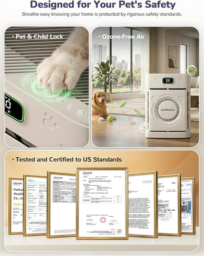 Smart Pet Hair Air Purifier For Home Large Room 2500 Sq Ft, True H13 HEPA Filter, Actively Sucks Up Dander Odor Smoke, Washable Mesh, WiFi App Control, White