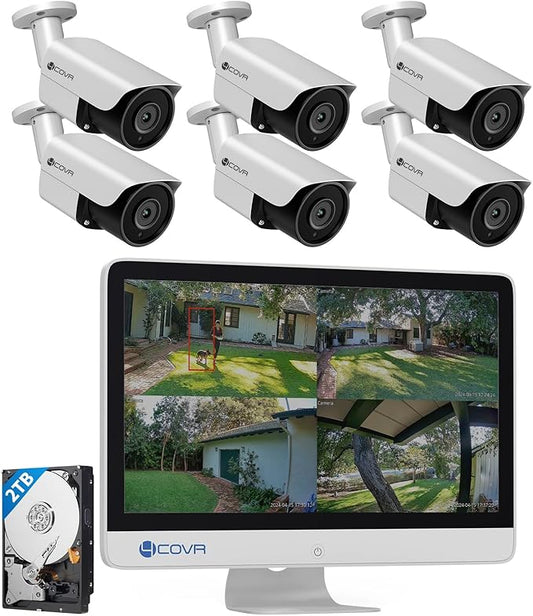 4COVR PoE Security Camera System with Monitor 4K, AI Human/Vehicle Detection, 8 Channel 8MP NVR with Monitor Pre-Installed 2TB HDD, 6Pcs 8MP Wired Bullet IP Camera IP67 Night Vision, LY37EX8MU806