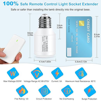 Remote Control E26 E27 Light Bulb Socket Adapter,GreenCyle Wireless Light Switch and 2 Standard Medium Base Lamp Socket Extender 2.3"(5.8cm),Screw-in,Max 500W,No Wiring Needed,500ft RF Range,for Lamp