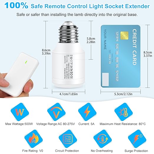 Remote Control E26 E27 Light Bulb Socket Adapter,GreenCyle Wireless Light Switch and 4 Standard Medium Base Lamp Socket Extender 2.3"(5.8cm),Screw-in,Max 500W,No Wiring Needed,500ft RF Range,for Lamp