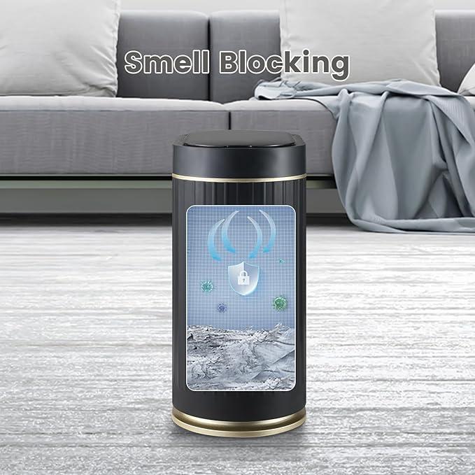 ELPHECO Bathroom Trash Can 2 Gallon Plastic Smart Garbage Can Waterproof Wastebasket Bathroom Decor Narrow Garbage Bin with Automatic lid for Bedroom, Kitchen, Office, Black Gold