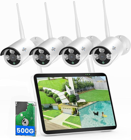 Hiseeu 4K Security Camera System, 24/7 Recording, 10.1" Touch Screen LCD 8MP Monitor, Wired Plug-in Powered 4Pcs 8MP Outdoor Cameras, Two-Way Audio, Color Night Vision, Motion Detection,500G HDD, IP66