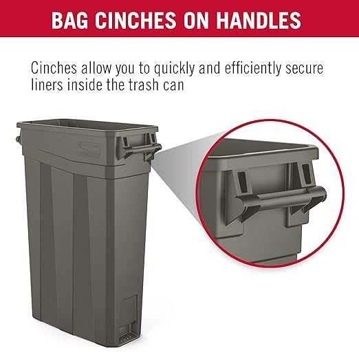 Suncast Commercial 23-Gallon Narrow Trash Can with Handles - Durable Garbage Can, Gray, Made in the USA