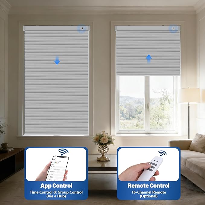 Motorized Cellular Shades with Remote, Blackout Smart Cellular Shades Compatible with Alexa, Cordless Honeycomb Window Blinds for Bedroom Home Office, Custom Size, Blackout Pearl