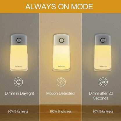 Night Light Plug into Wall with Motion Sensor, Auto On/Off, Portable with 3 Adjustable Modes, Nightlight for Kids, Nursery, Bedroom, Bathroom and Hallway (2 Pack)