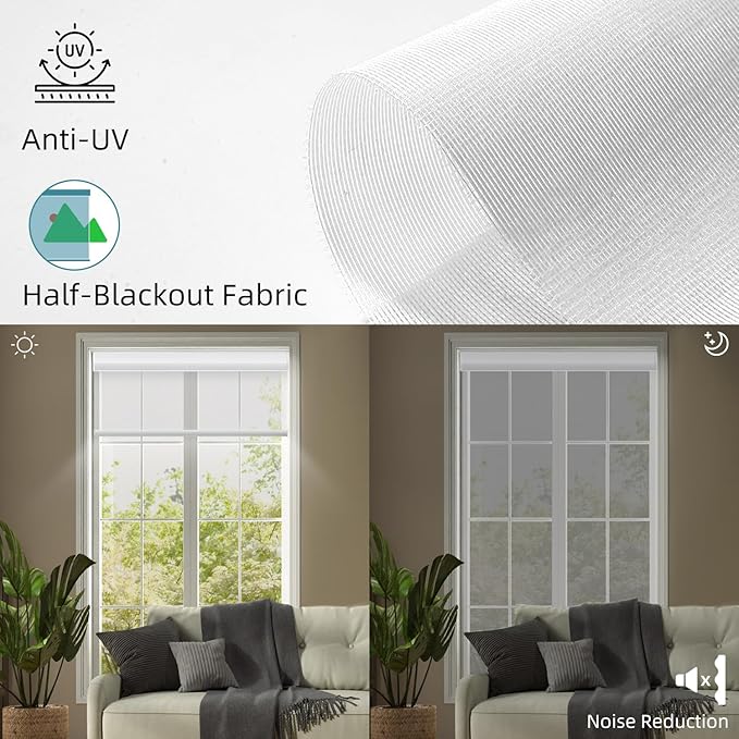 SmartWings Motorized Light Filtering Shades, Work with Matter Homekit Z-Wave Zigbee Alexa Google, 50% Blackout PVC Free Smart Blinds for Windows Cordless Window Shades with Remote Customized, White