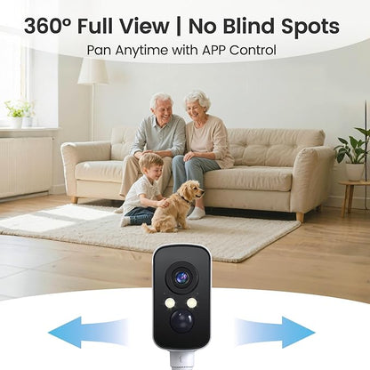 360° View Wireless Outdoor Security Camera, No Subscription Free 7-Day Cloud/SD, Pan, AI Detection, Magnetic, Battery Powered, 2.4G WiFi, 2K, Night Vision, 2-Way Talk, Home Security, IP65