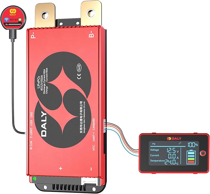 DALY BMS 12V 4S 150A Display - Smart BMS with 3 Inch LCD Screen WiFi Bluetooth Module Supports RS485 CAN for 12V LiFePO4 for RV Trolling Motor Battery Portable Power Station
