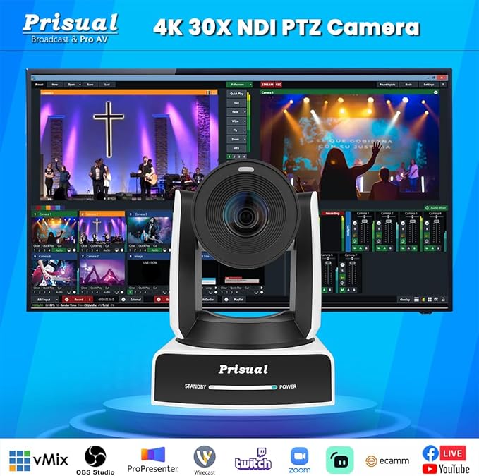 Prisual Ultra 4K PRO NDI PTZ Camera Gen 5, 30x Optical Zoom, 1/1.8" UHD CMOS 8.42MP, 4K 60P AI Tracking, HDMI SDI USB3.0&2.0 for Church, Freed Support(Official NDI 6 & NDI HX3 Certified)TEM-4K30N PRO