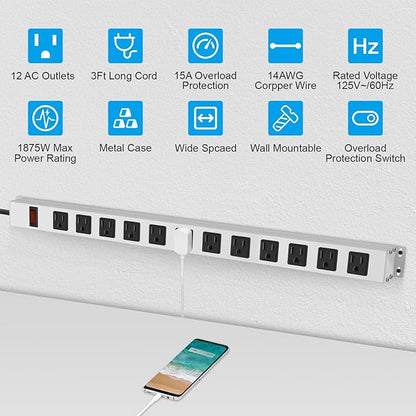 JUNNUJ Metal 16 Outlet Power Strip, Mountable Heavy Duty Power Strip, 1200J Surge Protector Wall Mount Screws Outlet with Switch, Gaming Desk Strips Wide Spaced 15A 125V 1875W, 3 FT 14AWG Power Cord