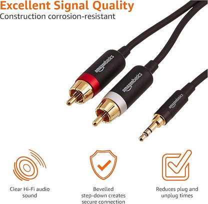 Amazon Basics 3.5mm Aux to 2 RCA Audio Cable for Amplifiers, Active Speakers, Smartphones, Tablet with Gold-Plated Plugs, Stereo Audio, 15 Feet/4.6 m, Black