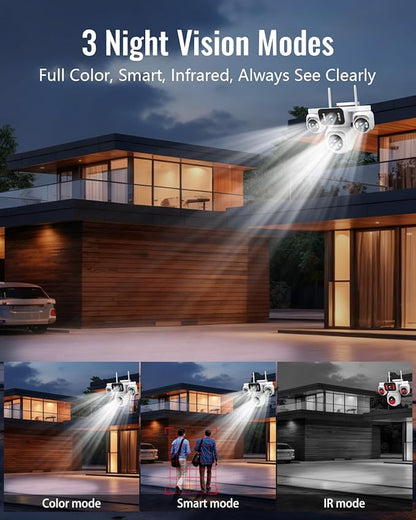 4-in-1 Wireless Outdoor Security Camera, Quad-View PTZ with 8MP HD, 16X Zoom, AI Human/Pet Detection, Color Night Vision, IP66 Weatherproof, 2-Way Audio, Dual Storage for Home Security