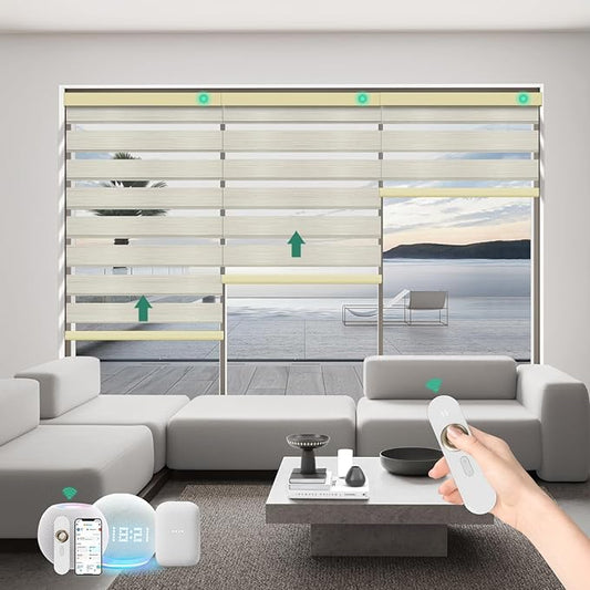 Motorized Zebra Blinds with Remote, Work with HomeKit Alexa Automatic Electric Window Shades 90% Blackout Light Filtering for Smart Home and Office, Customized Size Golde
