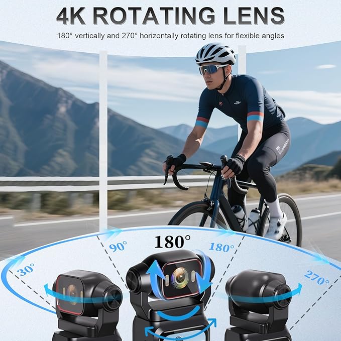 4K Vlogging Camera Mini Action Camera 180° Rotating Pocket Body Cam with Audio & Video Handheld Pov Cameras with Stabilization, Touch Screen, 64GB Card Small Vlog Camcorder for Sport, Travel, Daily