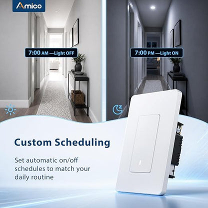 Amico Smart Wi-Fi Switch, 6 Pack, Light Switch Controlled by App, Single-Pole, Voice Control Compatible, Timer & Countdown, LED Indicator, Neutral Wire Required, ETL Listed