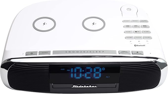 Studebaker Workstaton HiFi Music System with Bluetooth, FM Radio, CD, and Qi Wireless Charging Station (White)