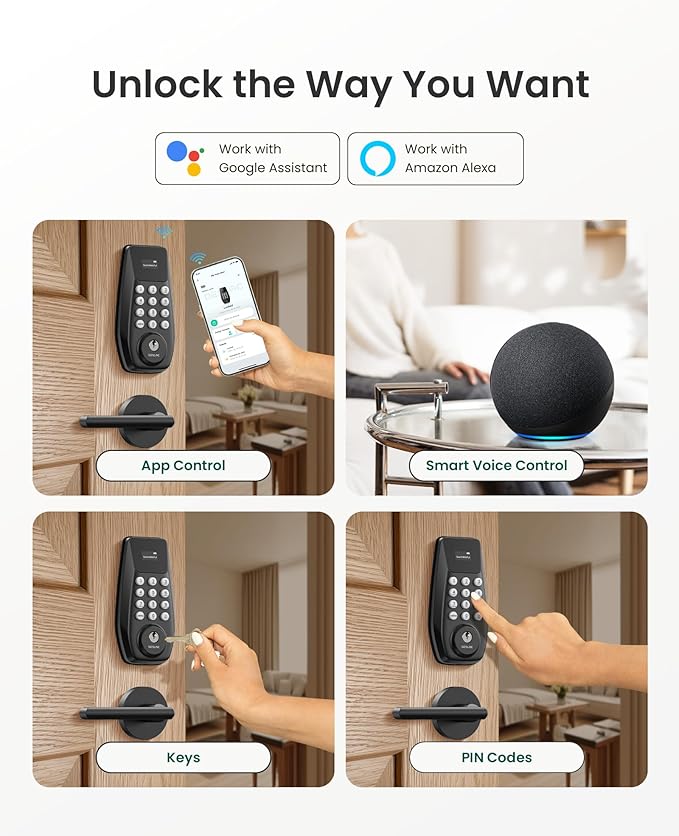 DESLOC C100 Plus Built-in WiFi Smart Lock with Handle Set, Built-in WiFi Keyless Entry Door Lock with Display, Keypad Deadbolt & Matching Lever Handle for Front Door, App Remote Control - Black