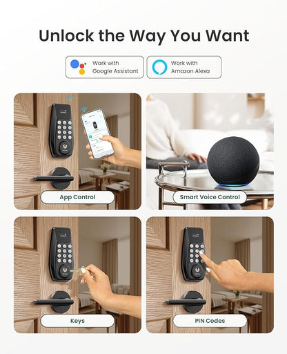DESLOC C100 Plus Built-in WiFi Smart Lock with Handle Set, Built-in WiFi Keyless Entry Door Lock with Display, Keypad Deadbolt & Matching Lever Handle for Front Door, App Remote Control - Black
