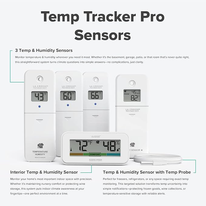 Temp Tracker Pro Wi-Fi Alert System: Bridge Gateway, 3 in/Out Temp. and Humidity, a Temperature Probe with Ambient Temp. and Humidity, Interior Temp. and Humidity Display with Comfort Meter