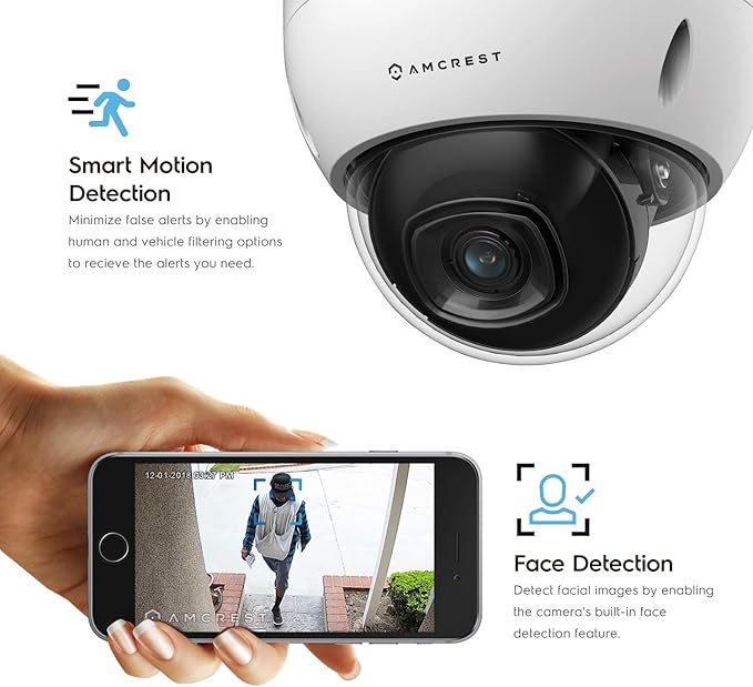 Amcrest UltraHD 4K (8MP) AI Outdoor Security POE IP Camera, 4K @30fps, Face Detection, Human & Vehicle Detection, IK10 Vandal Resistant Dome, MicroSD Recording, White (REP-IP8M-2693EW-AI) (Renewed)