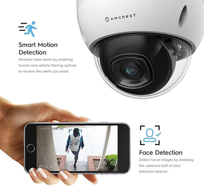 Amcrest UltraHD 4K (8MP) AI Outdoor Security POE IP Camera, 4K @30fps, Face Detection, Human & Vehicle Detection, IK10 Vandal Resistant Dome, MicroSD Recording, White (REP-IP8M-2693EW-AI) (Renewed)