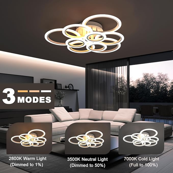 120W 9 Ring Flush Mount Ceiling Light Dimmable for Living Dining Bedroom | Remote & Smart App, 2800K-7000K Dimmable, Modern Ceiling Lamp for Indoor Home Decoration