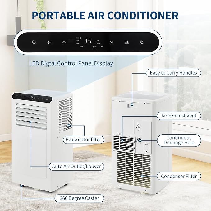 GarveeLife Portable Air Conditioners, 10,000 BTU for Rooms up to 450 Sq.Ft., Smart Compact AC Unit with Cooling, Dehumidifier, Fan, Remote Control and Window Kit, White