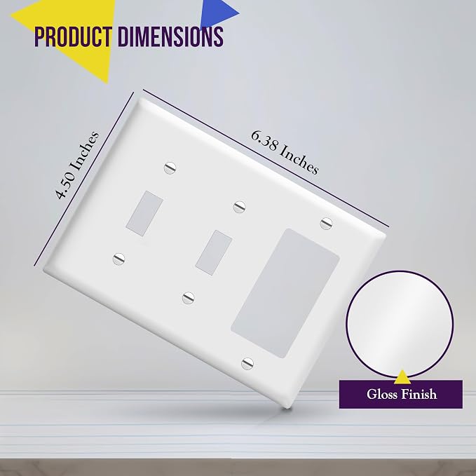 ENERLITES 3-Gang 2 Toggles and 1 Decorator/GFCI Combination Wall Plate | 2-Pack Glossy finish white, 4.50" x 6.38" with screws. Fits two toggle switches and one rocker device, UL listed.