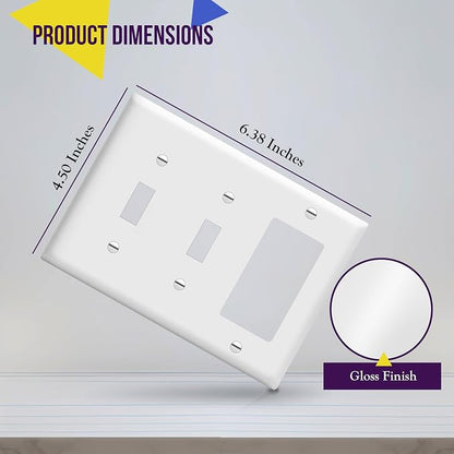 ENERLITES 3-Gang 2 Toggles and 1 Decorator/GFCI Combination Wall Plate | 2-Pack Glossy finish white, 4.50" x 6.38" with screws. Fits two toggle switches and one rocker device, UL listed.
