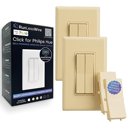 RunLessWire Click for Hue Battery-Free Wireless Smart Switch 2 Pack Ivory | Dimmable Kinetic Switch Pairs Natively to Philips Hue Bridge, 4 Programmable Buttons to Control Scenes & Areas, 100ft Range