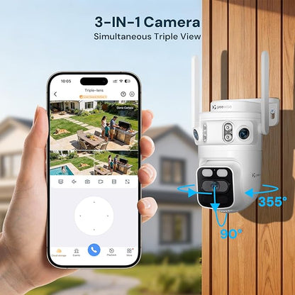 yeewise Triple Lens WiFi Security Camera with AI Tracking, WiFi 6 Outdoor PTZ Camera, 360° View Home Security, 5/2.4Ghz Dual Band, Easy Bluetooth Setup, Plug-in Power