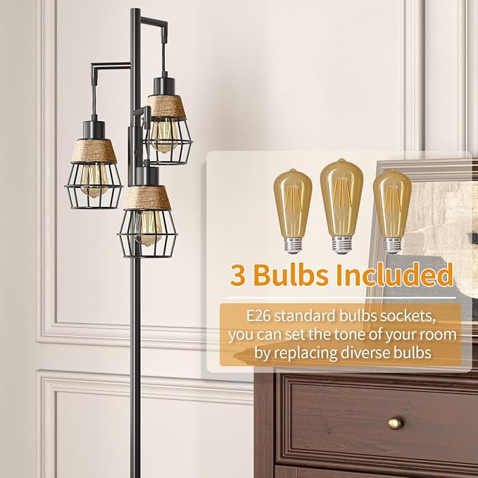 Oneach 70" Floor Lamps for Living Room, Stepless Dimmable Boho Floor Lamp with 3 Bulbs, Tall Farmhouse Industrial Corner Standing Tree Lamp for Bedroom, Office, Study Room, Dining Room, Black