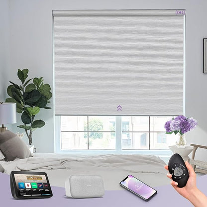 Graywind Smart Blackout Roller Shades for Alexa Google Textured Gleaming Fabric Rechargeable Motorized Blinds Cordless Remote Control Window Shades, Custom Size (Striped Light Grey) (GW-QZYM-TH00)