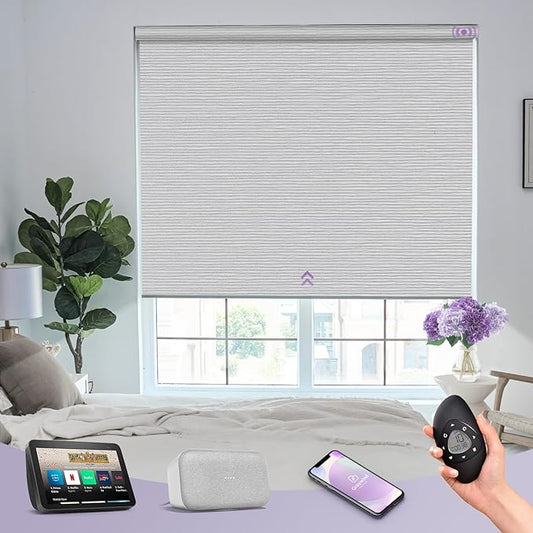 Graywind Smart Blackout Roller Shades for Alexa Google Textured Gleaming Fabric Rechargeable Motorized Blinds Cordless Remote Control Window Shades, Custom Size (Striped Light Grey) (GW-QZYM-TH00)