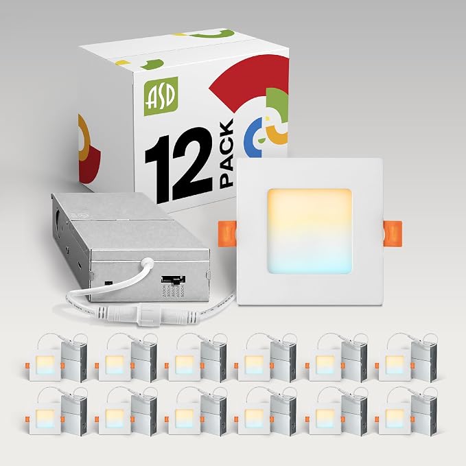 ASD 12 Pack LED Square Recessed Lighting 3 Inch, 5 CCT 2700K-5000K CRI90+, 6W 30W Eqv, Ultra Thin Dimmable Ceiling Lights with J Box, Canless Wafer Downlight, Slim Panel Light, UL Energy Star, White