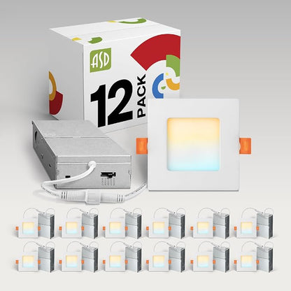 ASD 12 Pack LED Square Recessed Lighting 3 Inch, 5 CCT 2700K-5000K CRI90+, 6W 30W Eqv, Ultra Thin Dimmable Ceiling Lights with J Box, Canless Wafer Downlight, Slim Panel Light, UL Energy Star, White