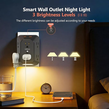 Multi Plug Outlet Surge Protector with Night Light, 6 Outlet Splitter with 4 USB Ports (2 USB C), 4 Sided 1050j Surge Protector Power Strip for Home Office Dorm Essentials-Black