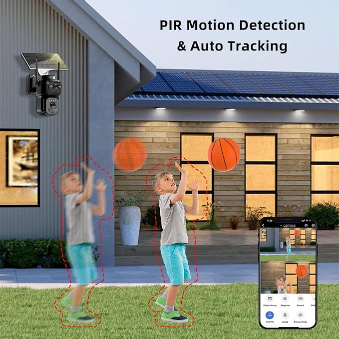 4K Solar Security Cameras Wireless Outdoor Battery Powered, 2.4GHz Dual Lens Bullet & 360° PTZ Outdoor Security Camera with Solar Panel, Digital Zoom, Night Vision,PIR Sensor (1Pack)