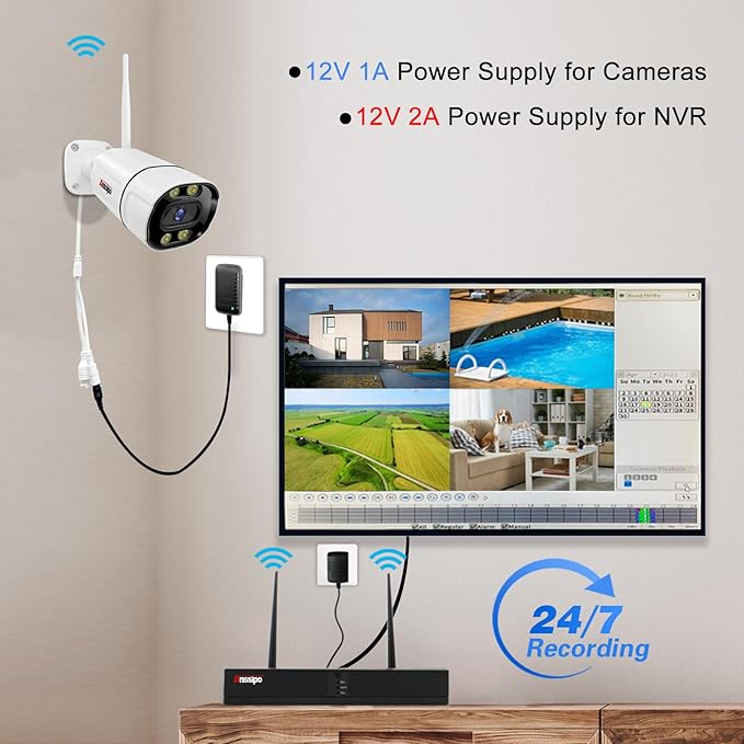 4K Home Security Camera System Wireless, 8pcs Plug-in WiFi Camera Outdoor Indoor for 24/7 Recording, 2 Way Audio, Color Night Vision, Human Detection, Dual Warning 8 Channel WiFi NVR, 2TB Hard Drive