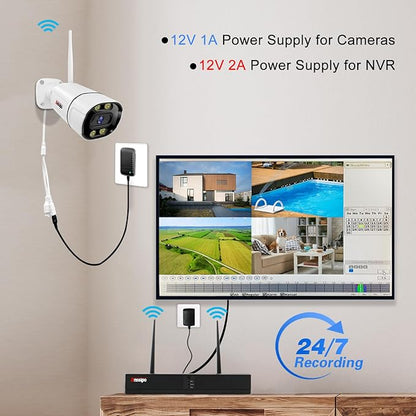 4K Home Security Camera System Wireless, 8pcs Plug-in WiFi Camera Outdoor Indoor for 24/7 Recording, 2 Way Audio, Color Night Vision, Human Detection, Dual Warning 8 Channel WiFi NVR, 2TB Hard Drive
