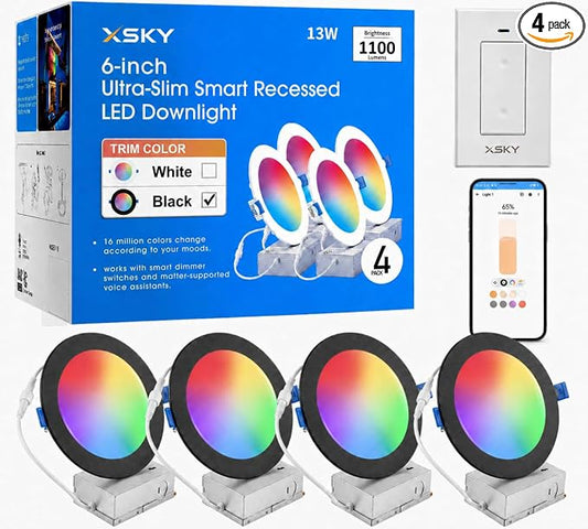 Xsky Smart Recessed Lighting 6 inch 4 Pack, Black Trim, Dimmer Switch Include, Zigbee 3.0 Light, RGBW Dimmable, Downlight, Compatible with Alexa, Home Assistant, SmartThings,16 Million Colors