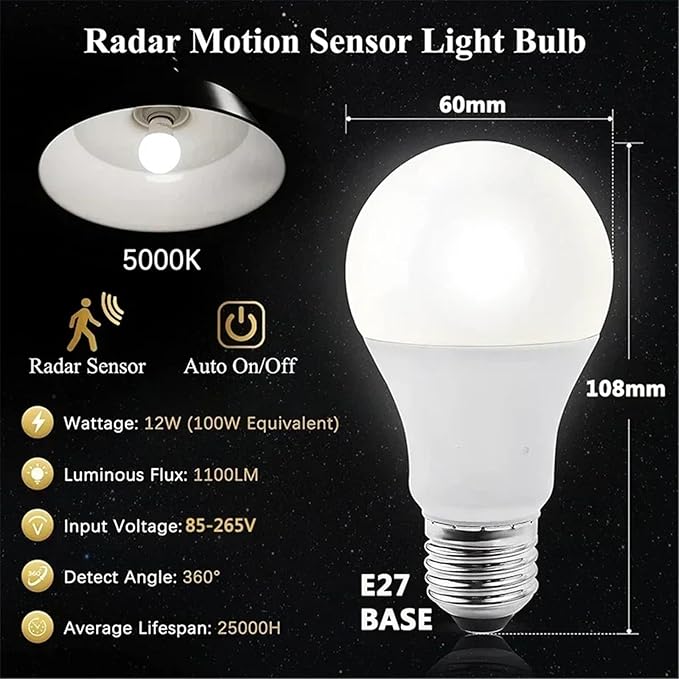 1~2Pack 10W LED Bulb Light E27 Radar Motion Sensor 85-265V White Smart Lamp Working in Night for Home Living Room Stair Pathway(85-265V,1Pcs)