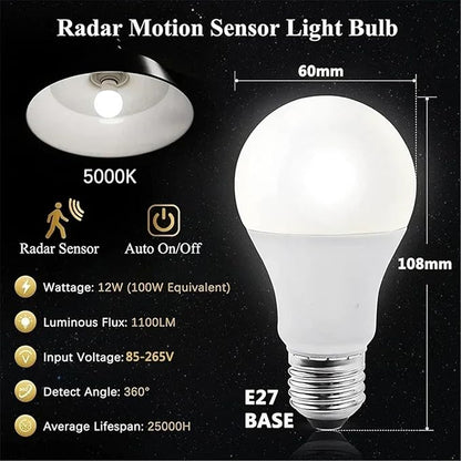 1~2Pack 10W LED Bulb Light E27 Radar Motion Sensor 85-265V White Smart Lamp Working in Night for Home Living Room Stair Pathway(85-265V,1Pcs)