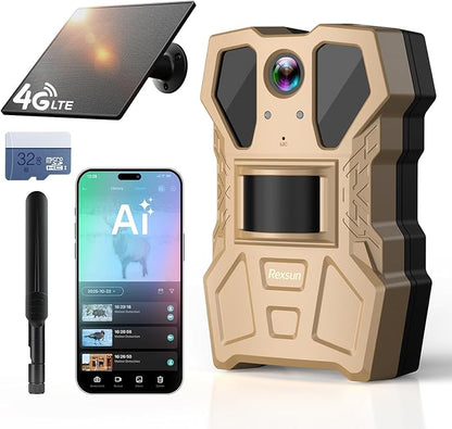 4G Cellular Trail Camera w/Live Feed, AI Detection for Deer, 33MP Photo 2K HD Video, Solar-Powered Live Streaming Game Camera No-Glow IR Flash, 120° FOV, IP65 Waterproof, 32GB SD Card Included