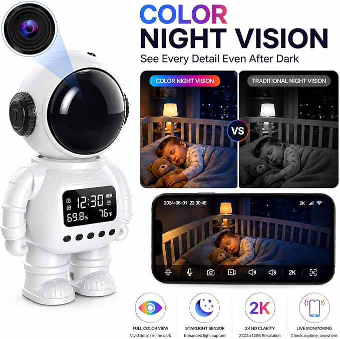 DYPCO 2K Clock Camera for Home Security, Smart Alarm Clock Camera with 2.4G/5G WiFi, Indoor Camera with Phone App, AI Motion Detection, Color Night Vision, Two-Way Audio, Cloud & SD Storage